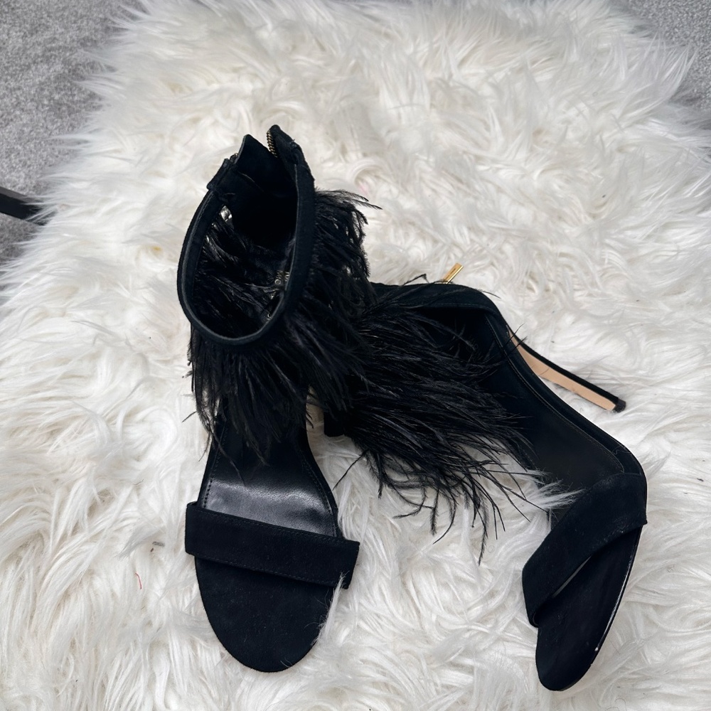 Micheal Kors Meana Feather Embellished Suede Sandal in black and size 8 and 4" h